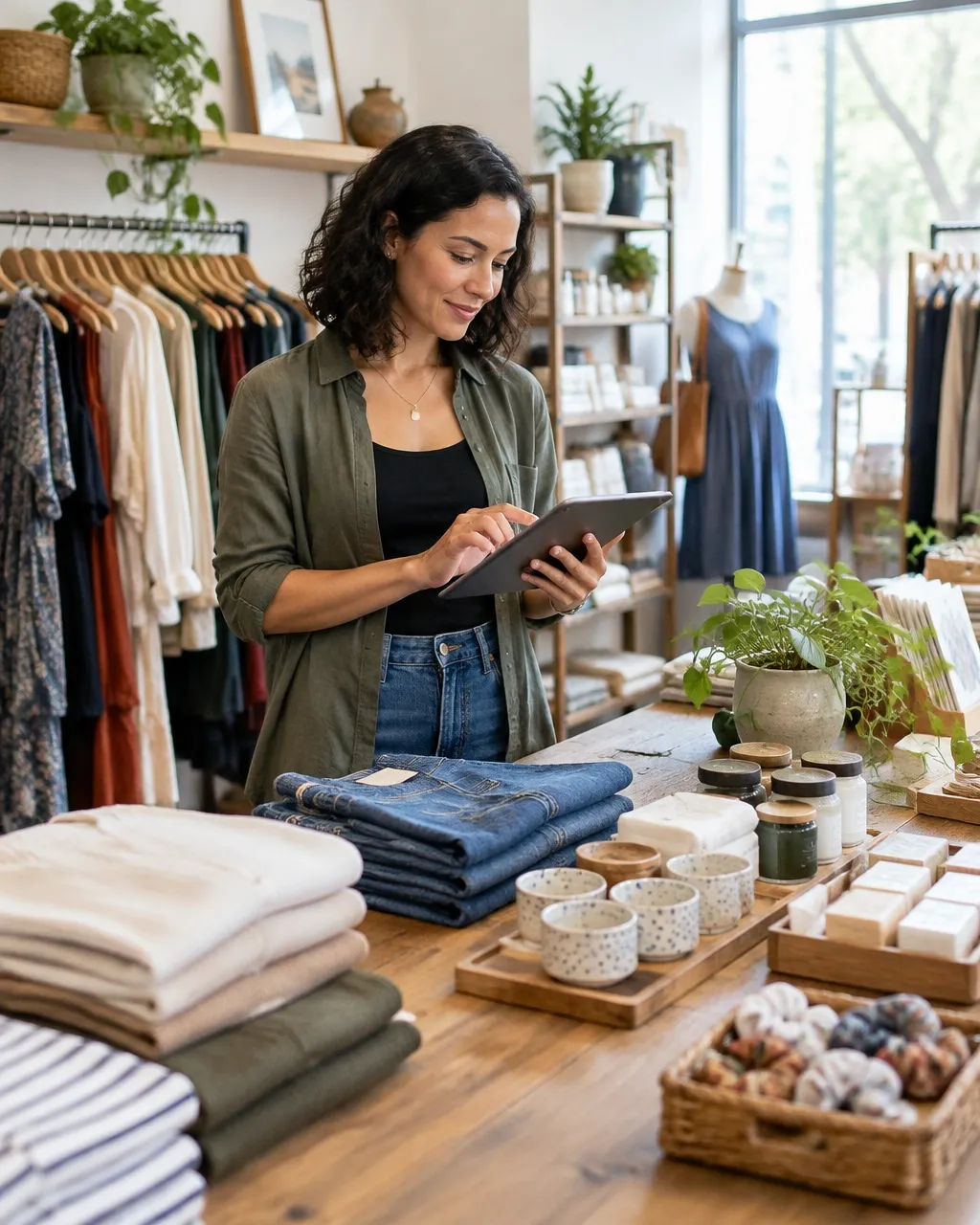 Boutique owner checking inventory on a tablet