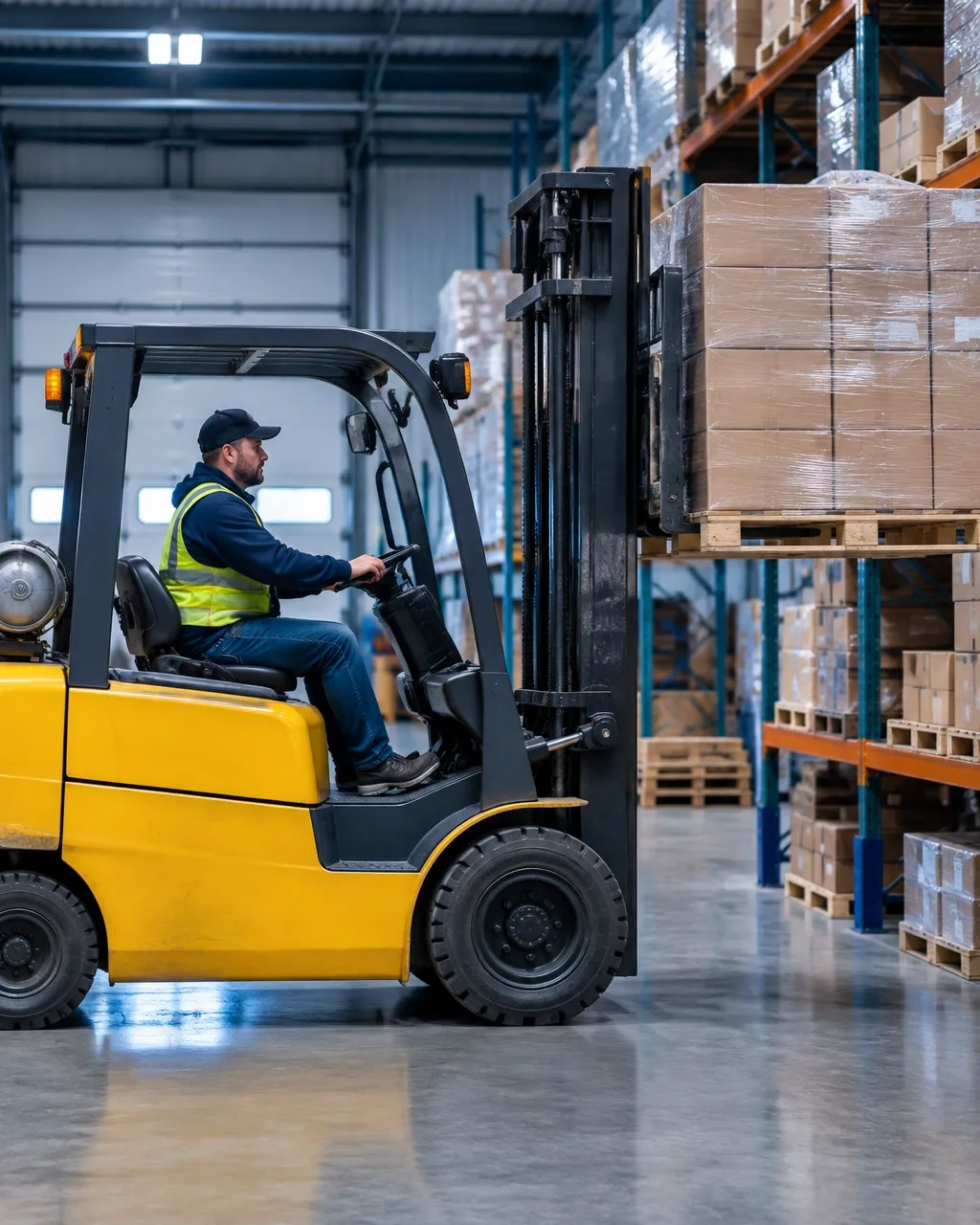 Yellow forklift moving pallets in a warehouse