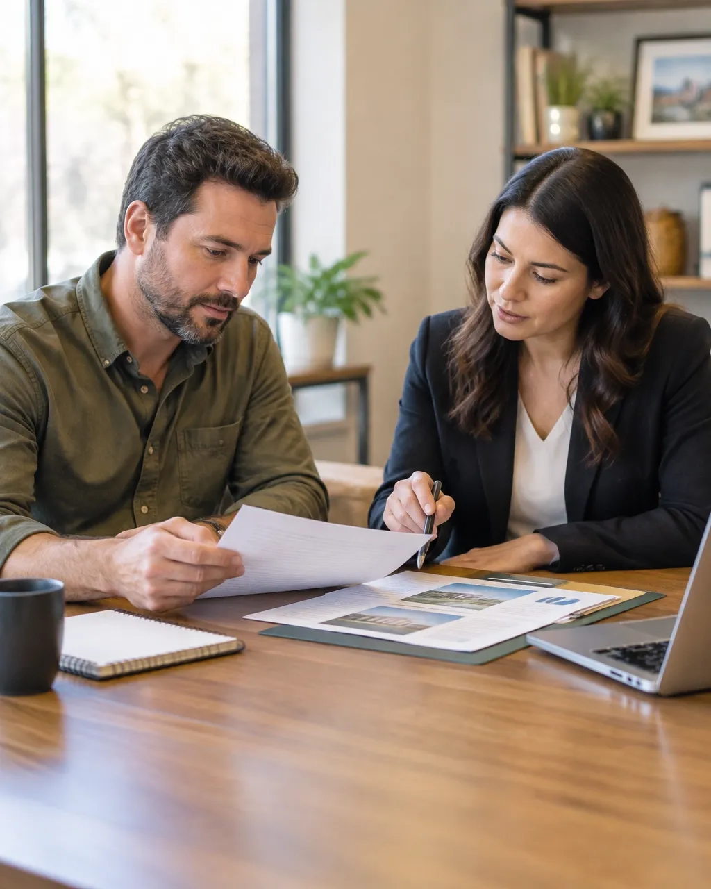 Small business owner reviewing financing documents with an advisor