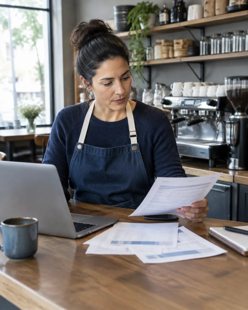 Cafe owner reviewing business papers and sales at the counter